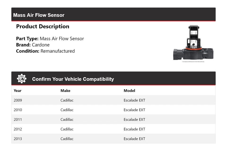 Sensor de flujo de aire másico Cardone 2010 2011 2012 para Cadillac Escalade EXT 2009-2013 Foto 2 de 4