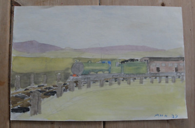 Naives Aquarell Gemälde Dampfzug von A.H. Head 1937