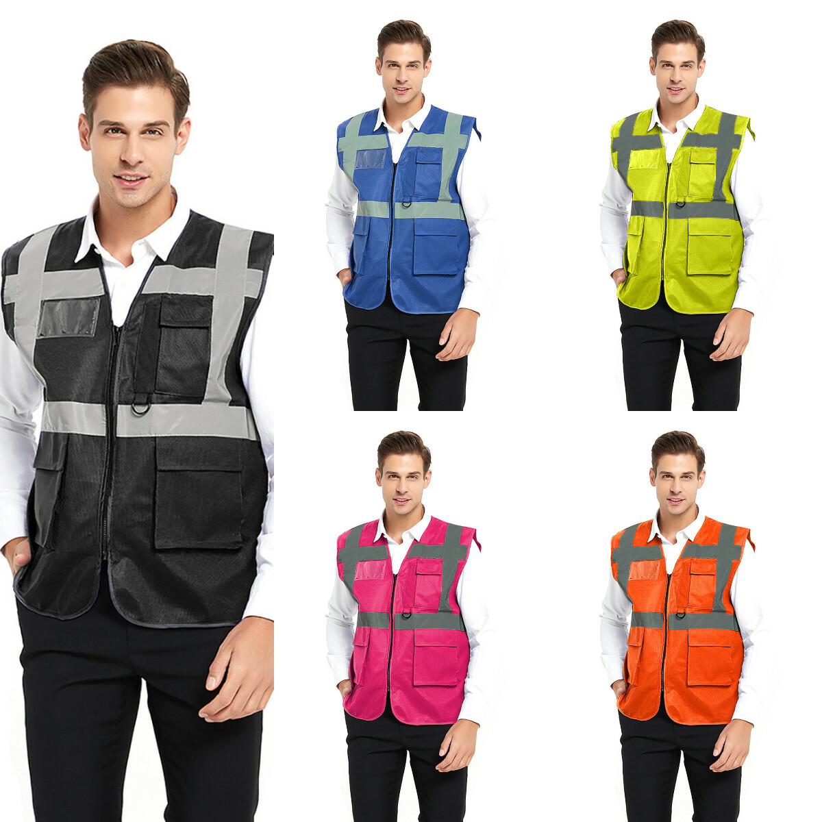 Chaleco de seguridad de alta visibilidad tiras reflectantes Bolsillos para herramientas del uniforme de trabajo | eBay