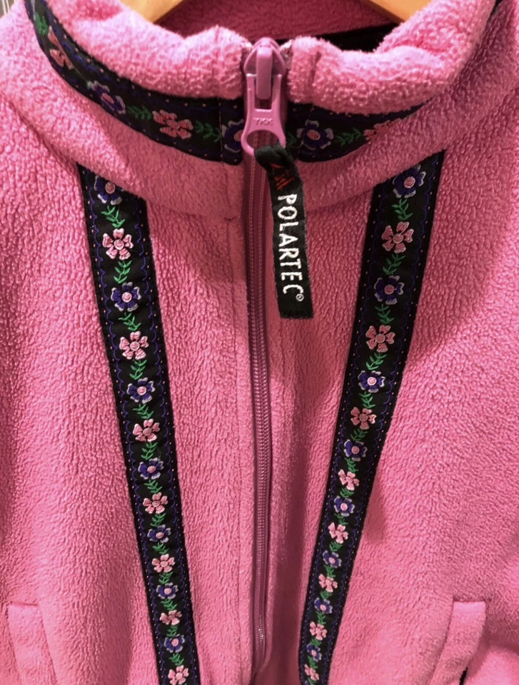 Chaqueta polar Polartec rosa oso resistente vintage para niñas con ribete floral talla pequeña Foto 2 de 4