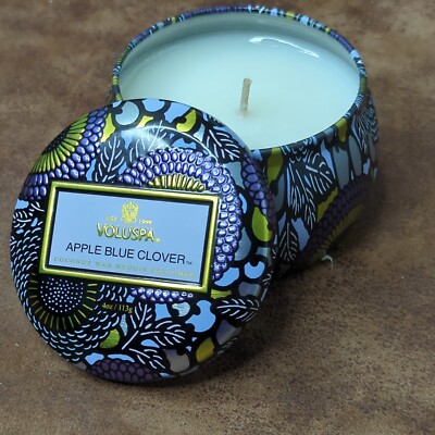Voluspa Apple Blue Clover Mini Tin Candle 4 oz 25 Hour Burn Time All Natural