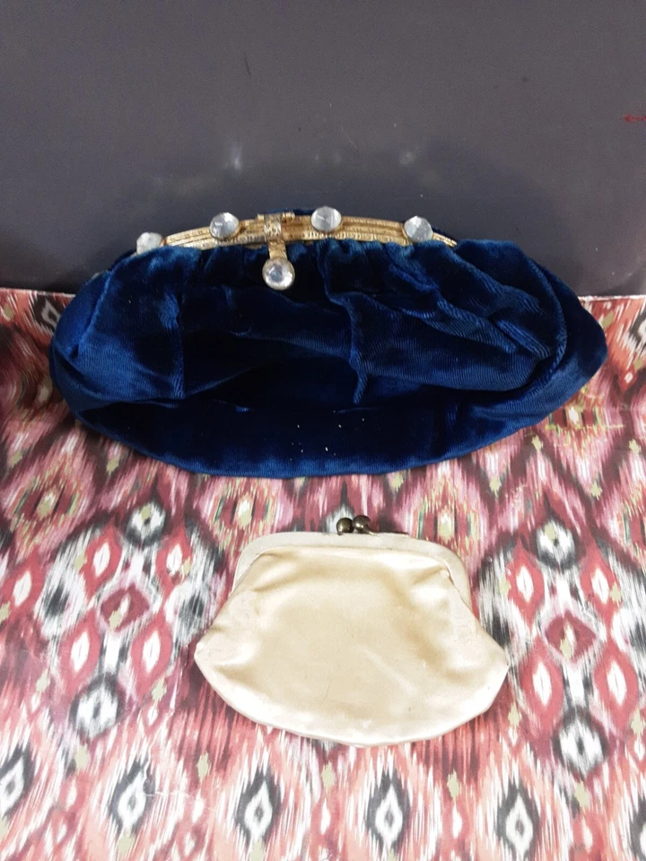 Bolso sin asas vintage estrás tachuelas terciopelo azul liso noche fiesta cartera con moneda Foto 2 de 4