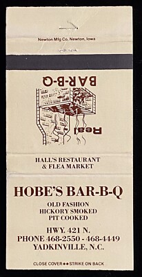 HOBES  Bar-B-Q Yadkinville NC Vintage 30-Strike Match Cover B-1507