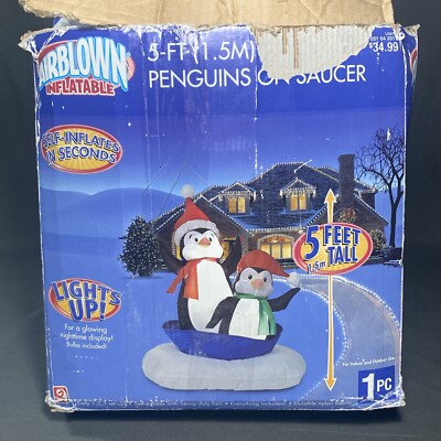 5 FT Lighted Airblown 2009 Penguins On Saucer Gemmy Inflatable ...