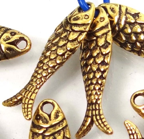 10 Antique Tibetan Style Gold Pewter Fish Bead Charms 24x7mm