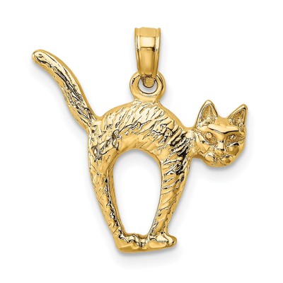 3D Textured Arch Back and Raised Tail Cat Charm In Real 14k Yellow Gold