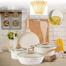 8x Nonstick Pots and Pans Set Granite Coating Frying Pan Or 6PCS Wooden Tools