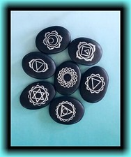 BLACK BASALT Hot Lava Stone Massage Set, 7 PC SILVER Engraved CHAKRA Set