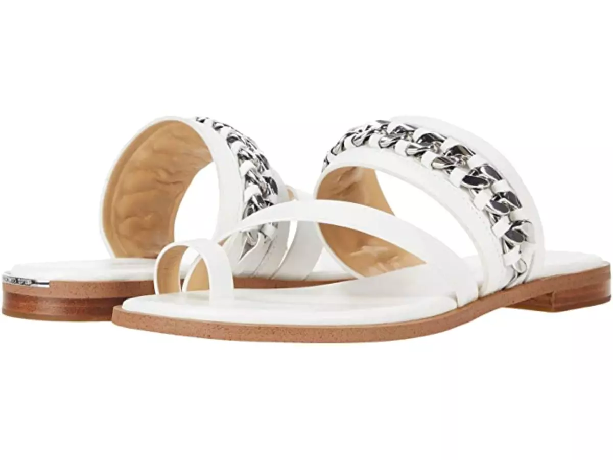 MICHAEL KORS Bergen Flat Sandals Optic White Real Leather Silver Chain Size 11