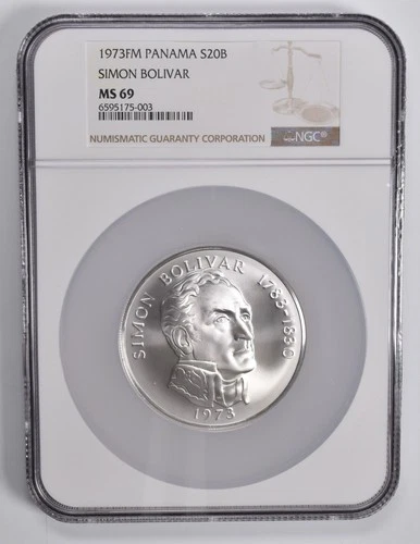 MS69 1973 FM Panama 20 Balboas Simon Bolivar Silver NGC Brown Lbl *6021