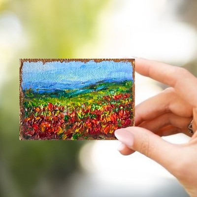 ACEO Original Oil Painting Poppy Field Nature Impasto 2.5x3.5in Signed OS