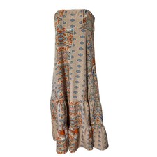 Shein Maxi Dress Strapless Beige Orange Blue Paisley Casual Bohemian Women's L