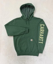 Carhartt Sweater Hoodie Mens Small Green Sleeve Logo Fleece Pullover Relaxed Fit