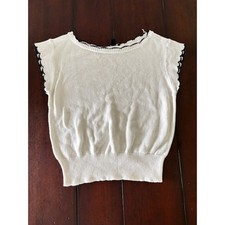 Ann Taylor Factory XS White Cotton Sweater Top Navy Scallop Trim Cap Sleeve