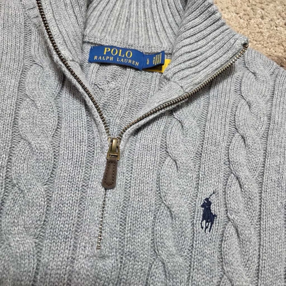 Polo Ralph Lauren Cable Tejido Cuarto Cremallera Suéter Gris Pullover Para Hombre’s Grande Foto 3 de 4