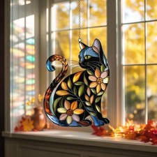 Blackcat Acrylic Stained Glass Suncatcher, Floral Cat Window Hanging