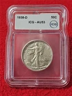 1938-D WALKING LIBERTY 90% SILVER HALF DOLLAR  ICG  AU 53                #T1779
