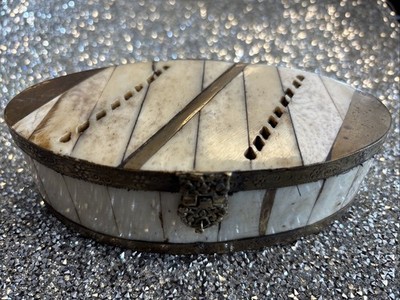 Vintage Handcrafted Camel Bone With Brass Inlay Oval Trinket/Stash Box