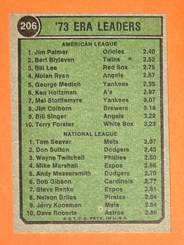 1974 Topps 1973 líderes de la era #206 Jim Palmer y Tom Seaver - Imagen 2 de 10