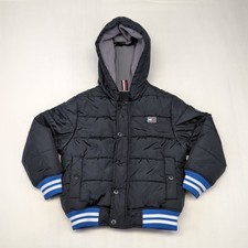 Tommy Hilfiger Boys' L 5/6 Fleece Lined Hooded Puffer Jacket, Black, Blue Trim