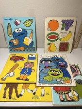 Lot of 6 Vintage Playskool Wooden Puzzles Sesame Street, Toys, Food, Horse