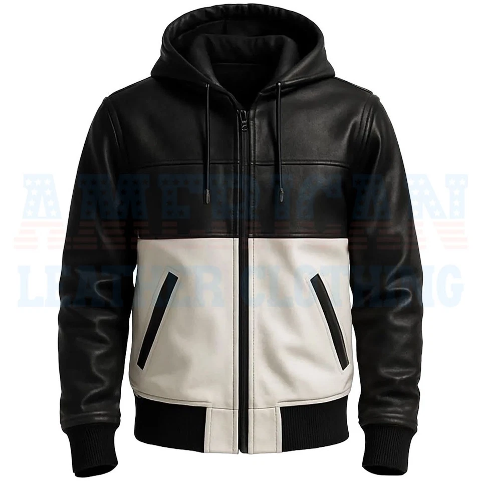 Men’s Black & White Leather Jacket with Removable Hood Handmade Two Tone Bomber - Image 2 of 3