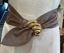 Vtg Taupe 100% Leather Wide Sash Belt  Gold toned Metal Abstract Buckle