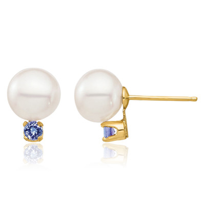 14K Solid Yellow Gold 0.14 ct Blue Tanzanite Pearl Large Freshwater Stud
