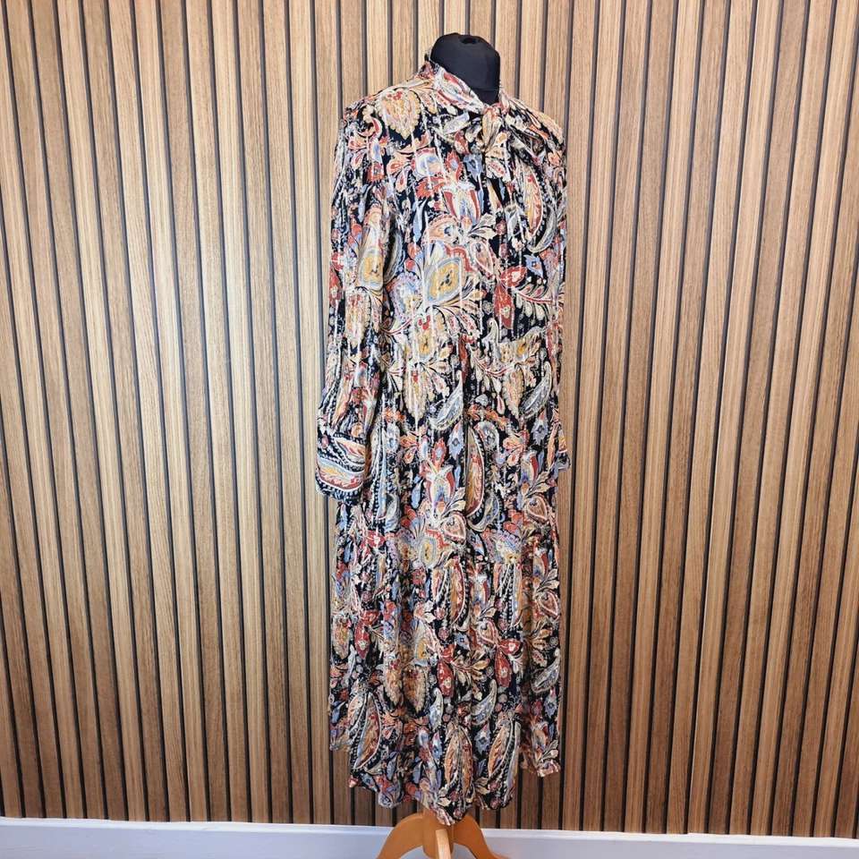 Superdry Vestido Dorado Negro Marrón Metálico UK 12 Midi Manga Larga Cuello Atado Acampanado Foto 4 de 4