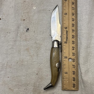 VINTAGE INOX ALBACETE ARCOS FOLDING CLASP HORN HANDLE 2 3/4  CURVED KNIFE MINT