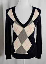 J Crew Womens V Neck Sweater Dark Blue Ivory Gray Red Argyle Pure Cashmere Small