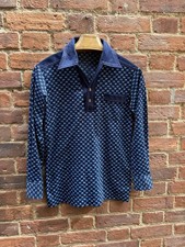 Vintage 70s Japanese Navy Blue Patterned Slim fit Polo Top Shirt XS