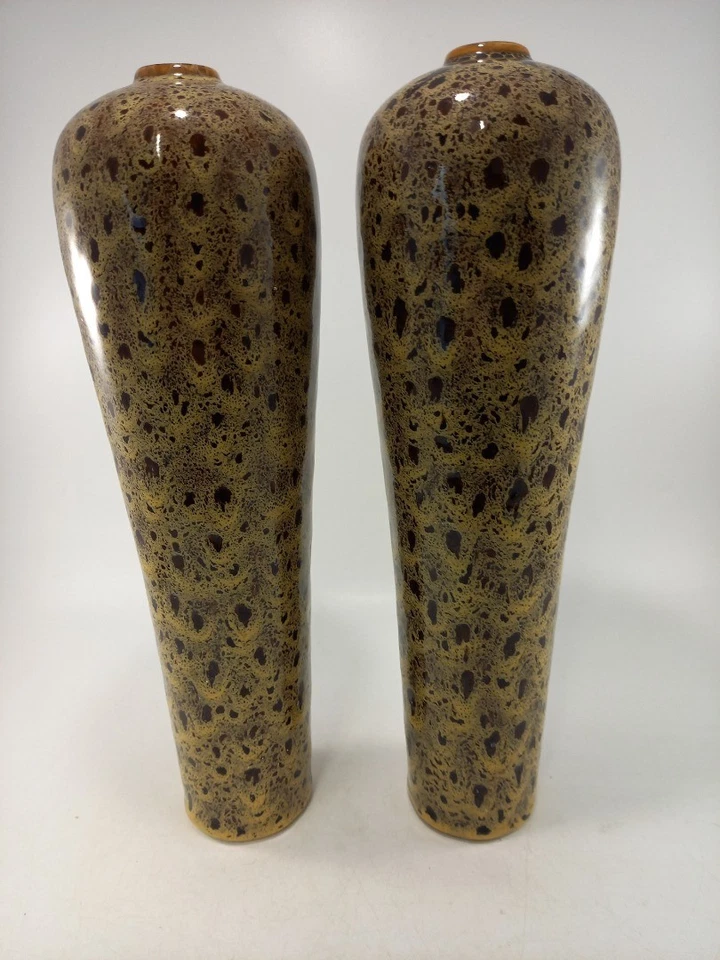 Studio Pottery Vases Brown Beige Speckled Set of 2 Vintage 12.5" Tall Ex Con  - Image 2 of 4