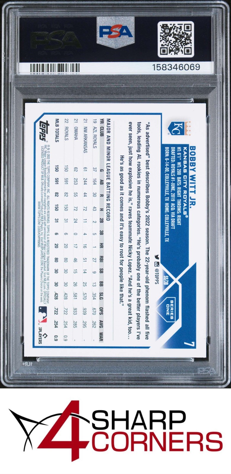 2023 TOPPS ALL-STAR ROOKIE #7 BOBBY WITT JR. ROYALS PSA 10 view 2