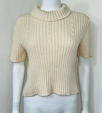 St. John Ivory Cream Ribbed Cable Knit Mock Neck Short Slv Crop Sweater Size S
