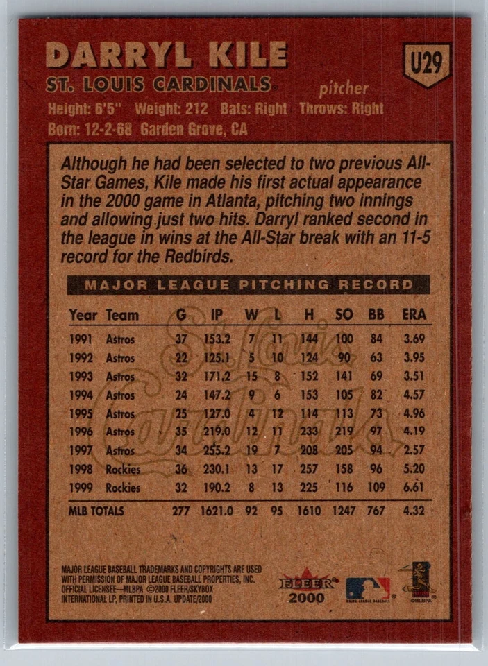 2000 FLEER TRADITION UPDATE BASEBALL U29 DARRYL KILE CARDINALS  - Image 2 of 2