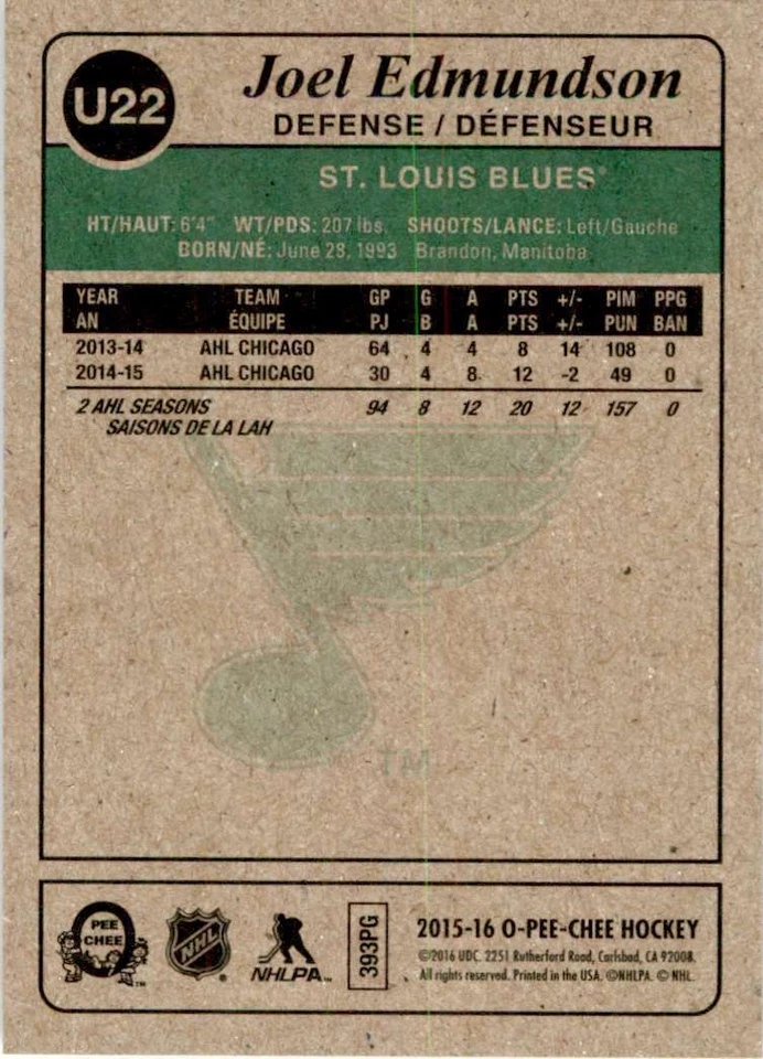 2015-16 O-Pee-Chee Update Retro Joel Edmundson RC #U22 - Image 2 of 2