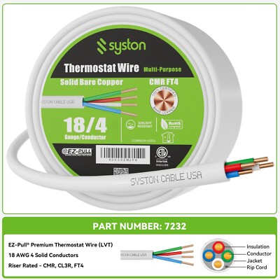 Syston 18/4 Thermostat HVAC Control Cable Wire Solid Copper 18 AWG 4C CL3R White