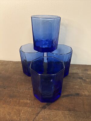4 VTG Libbey FACETS Cobalt Mediterranean Blue Old Fashioned Rocks Tumblers EUC