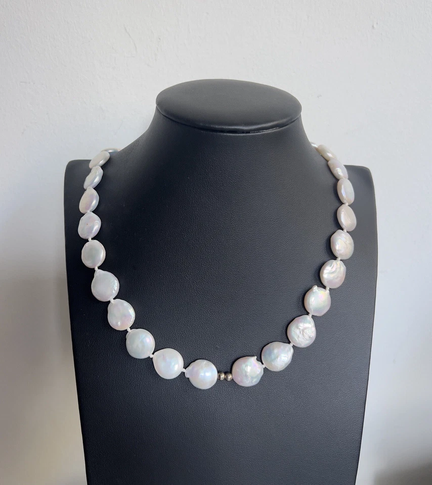 Collar de perlas moneda iridiscente redondo plano plata esterlina 19,5" vintage Estate Foto 2 de 4
