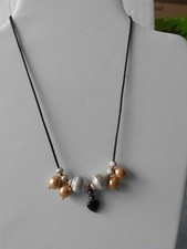 Necklace 18in Gold Shell Pearl Aluminium Beads on Black Cord + Agate Heart drop