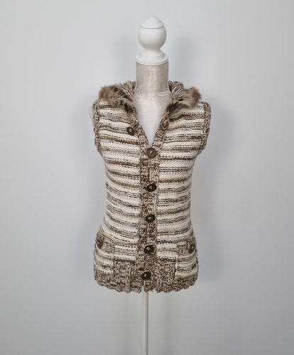 River Island Womens Wool Blend Cable Knit Brown & Cream Vest With Hood Size 12 - Picture 5 of 19
