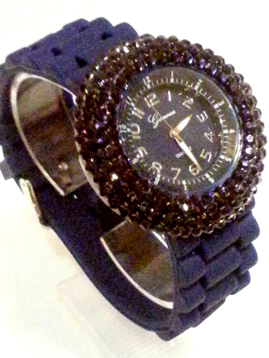 FABULOUS PURPLE Watch w/Rhinestone Bezel Large Face Silicone Band Ladies Geneva Purple and Rose Gold-tone Rhinestone Silicone  main image 3