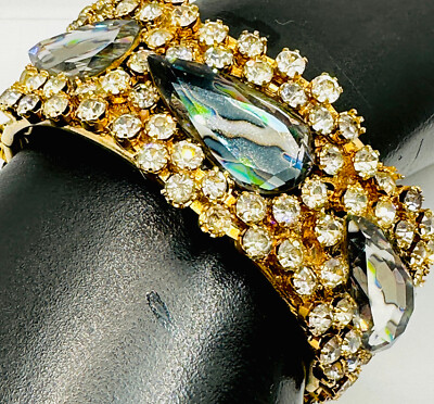 RARE Vtg Miriam Haskell? Gold Tone Clamper Big Glass IRIS Teardrop Bracelet