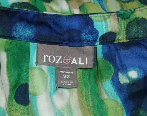 Roz & Ali Womens 2X Blouse Green Blue Abstract Dot Print 3/4 Sleeve Tie Neck - Picture 6 of 6