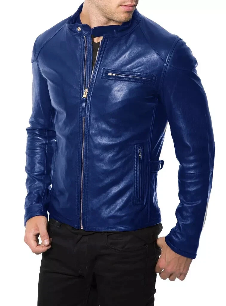 New Mens Slim fit Biker Stylish Genuine Lambskin Blue Leather Jacket All Size