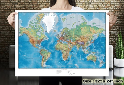 Cartel de lienzo de seda vintage del mapa mundial de Ocean Geography pintura decoración de pared 44 - Imagen 1 de 12