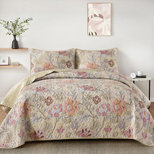 Floral Quilt Set King Size, Khaki Botanical King Bedspread Bedding Sets Soft Lig