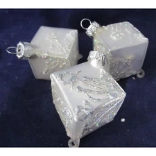 Silver Mercury Style Square Blown Glass Glitter Accent Ornaments A Set of Three