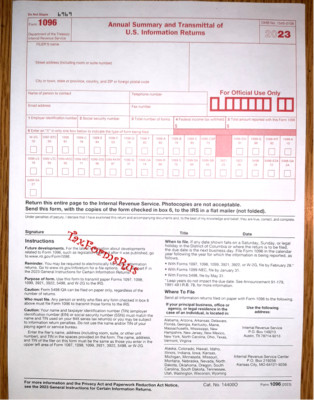 2023 IRS Tax Form 1096 Annual Summary and Transmittal (for 1099's to IRS)